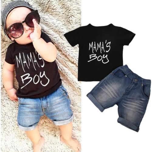 2020 Kids Baby Boys Clothes Summer MAMA´S BOY print black T Shirt Tops Denim Shorts Jeans Little Boy Cotton Clothes Outfits Set