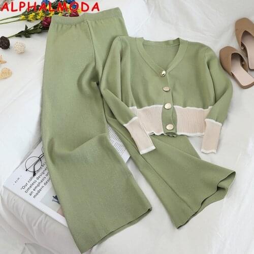 ALPHALMODA Knitted Slim Cardigans Wide Leg Pants Casual 2pcs Suit 2020 Autumn New Buckle V-neck Jumpers Trousers Set