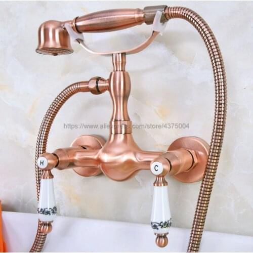Antique Red Copper Bathroom Shower Faucet Mixer Tap With Hand Shower Head Shower Faucet Set Wall Mounted Nna306