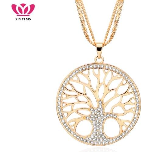 Shiny Crystal Round Tree of Life Pendant Necklace Charming Cute Gold Color Chain Necklace Jewelry For Women Birthday Gifts Hot