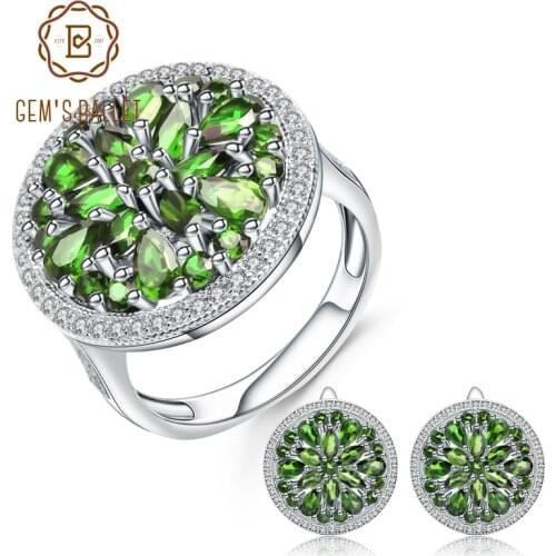 GEMS BALLET 10.52Ct Natural Chrome Diopside Earrings Ring Set 925 Sterling Silver Gemstone Vintage Jewelry Set For Women
