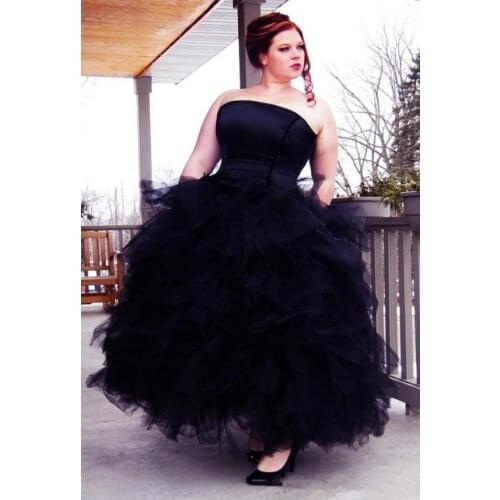 Gothic Ball Gown Black Wedding Dress Strapless Ruffled Tiered Skirt Ankle Length Celtic Wedding Dress Bridal Gown Plus Size