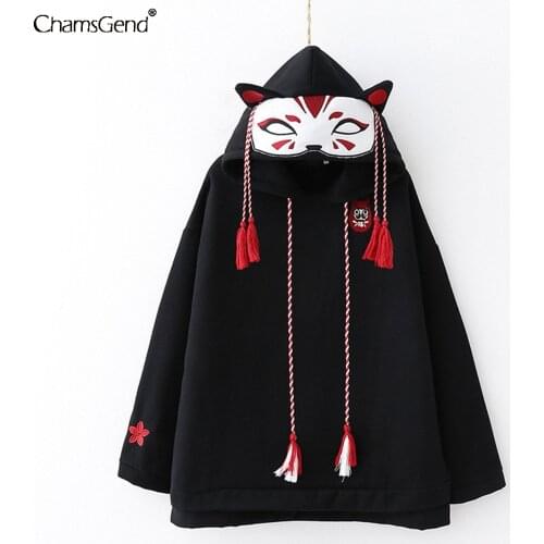 Japan Anime Style Fox Ear Hoodies Women Teens Girls Embroidery Floral Warm Fleece Sweatshirt Harajuku Tassels Pullover Tops