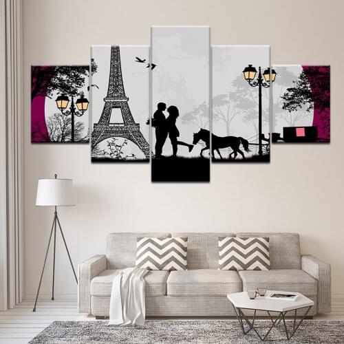 Picture Decor Frame Wall Art Paintings 5 Pieces Lovers Embrace In The Paris Tower Sunrise HD Prints Poster Modular Canvas