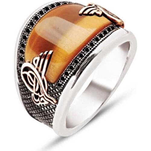 Silver Custom Cut Tiger Eye Stone Zircon Engraved Mens ring