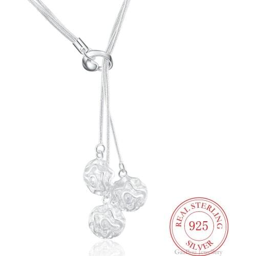 925 Sterling Silver Necklace Pendant Vintage Lucky Zircon Link Chain Charm Girl Wedding Three Tassels Rose Flower Jewelry Gift