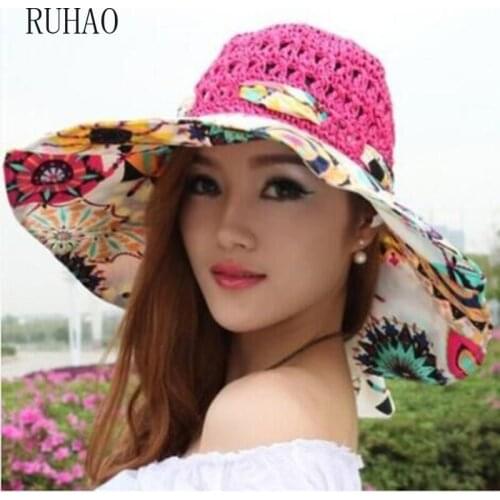 RUHAO summer korean women sun visor hat beach sun shade floppy hat girl wide brim straw hat Cap