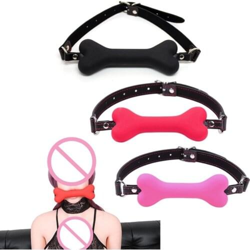 Mouth Plug 20mm Cute Solid Leather Harness Mouth Silicone Dog Bone Ball Gag BDSM #E015C