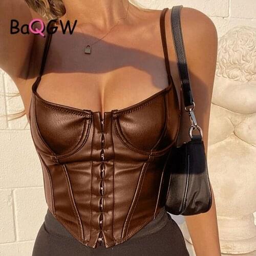 BaQGW Motorcycle Style Bodycon PU Leather Top Sleeveless Club Party Sexy Black Crop Top Women Streetwear Cami Corset Summer Tank