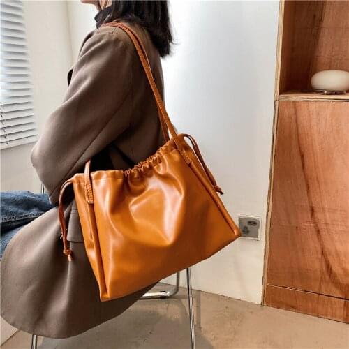 Female Soft PU Leather Bucket Bags Large Capacity Casual Tote Handbags for Women Pure Color Trendy Luxury Shoulder Messenger Bag