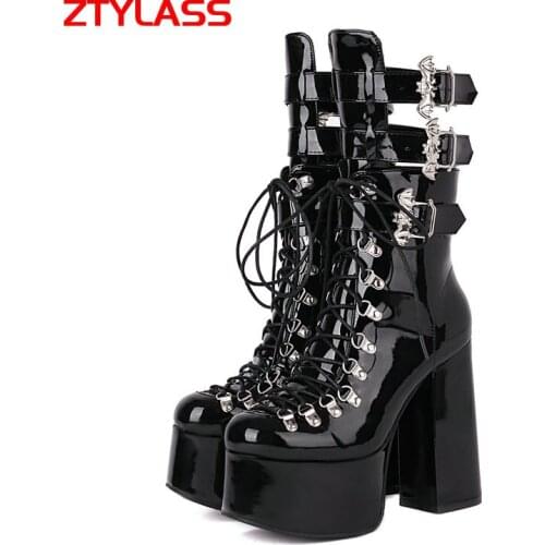 2021 14CM Super High Heel Platform Ankle Boots Fashion Metal Belt Buckle Women Boots Autumn Winter Zipper Motorcycle Boots