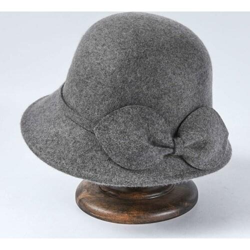 Women Party Formal Headwear Lady Winter Fashion Asymmetric Bowknot 100% Wool Felt Hats Bucket Hats Bowler Cap With Bowknot