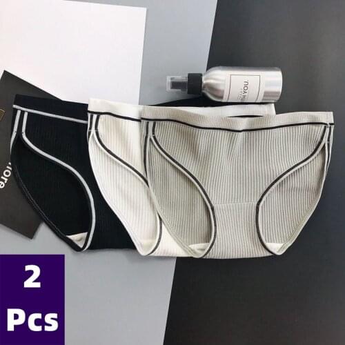 Womens Cotton Panties 2Pcs Soft Striped Women Underpants Solid Girls Briefs Sexy Female Lingerie M-L Comfort Sport Underwear