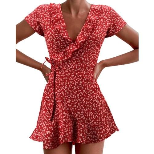 Women’s Fashion Short-sleeved A line Dress Summer Elegant Floral Ruffles V-neck Bandage Short Dress