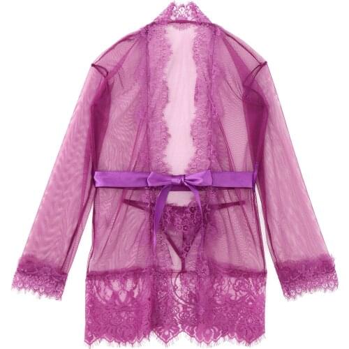 Women Transparent Mesh Adorned Robe Sash with Thong Underpants Female Sissy Nightwear Lace Trim See-through Chemises Babydolls
