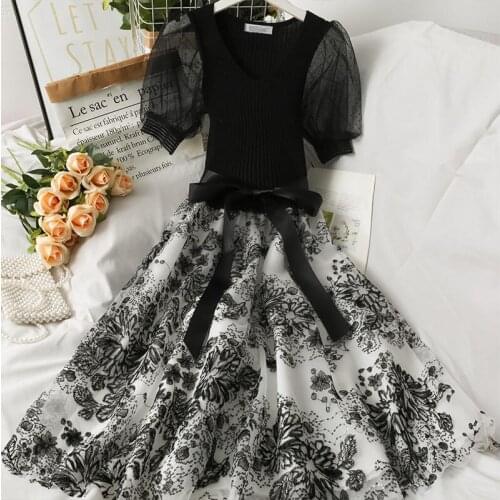 2021 Short Sleeve Summer Dress Mesh Patchwork Puff sleeve V-neck Slim A-Line Dress Women Elegant Print Bow Bandage Vestidos