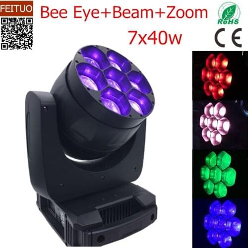 10pcs/lot LED 7x40w Zoom Effect Bee Eye Beam Moving Head Light RGBW 4IN1 Quad Color Lumiere Stage Disco LED Moving Heads