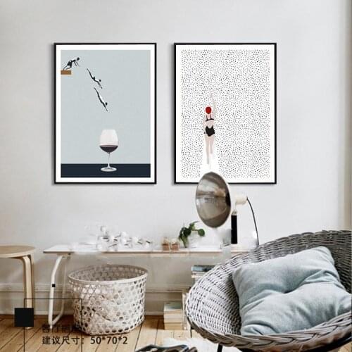 Abstract Nordic Poster Swimming & Red Wine Glass Modern Decorative Painting Image Painting Wall Art for Living Room Bedroom