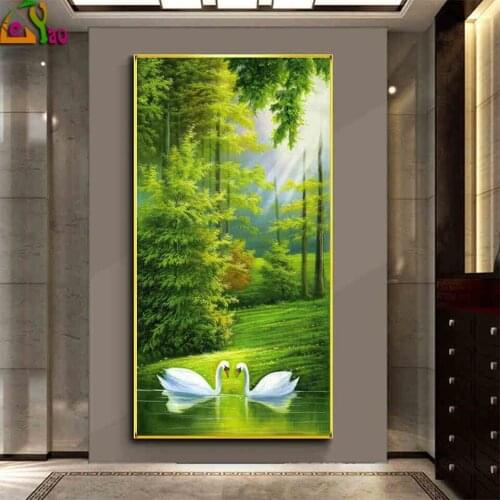 Diamond painting 5d full diamond new swan fresh and natural wind paste diamond cross stitch vertical porch forest landscape map