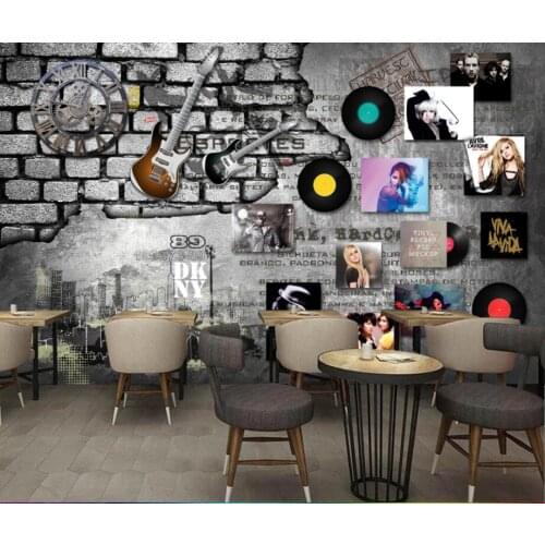 CJSIR Custom 3d Wall Paper European Retro Rock Music Record Brick Wall Clock Bar Background Wall Painting Decoration Decors