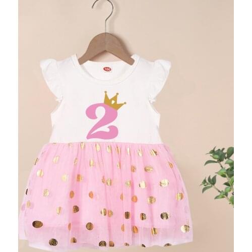Happy Birthday Print Number 1~6th Girls Flying Sleeve Dresses Cute Kids Party for Girls Princess Dress Tops Baby Girls Clothing