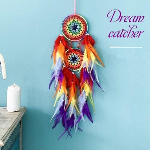 Double Color Feather Pendant Handmade Dream Catcher Wind Chimes Home Hanging Ornament Girls Kid Craft Gift Room Wall Decor
