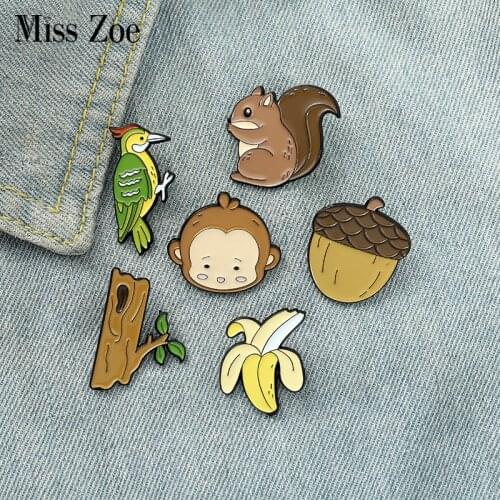 Forest Animal Enamel Pins Monkey Banana Squirrel Pine Cones Woodpecker Trunk Brooch Lapel Badge Bag Jewelry Gift for Kid Friend