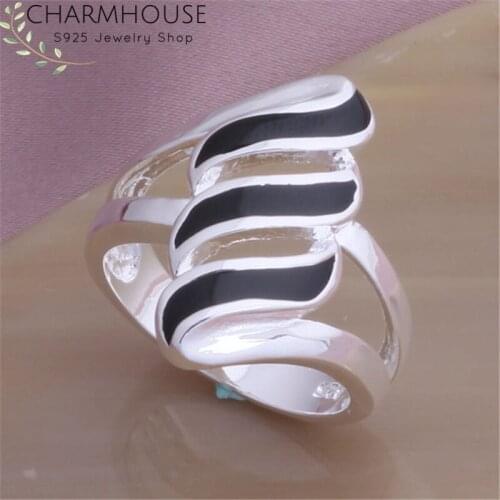 Pure 925 Silver Rings For Women Wedding Band Black Long Finger Ring Bague Femme Anillo Bridal Engagement Rhinestone Jewelry