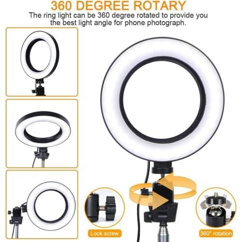 Photography LED Selfie Ring Light 16CM Dimmable Camera Phone Ring Lamp 6inch With Table Tripods For Makeup Video Live Studio