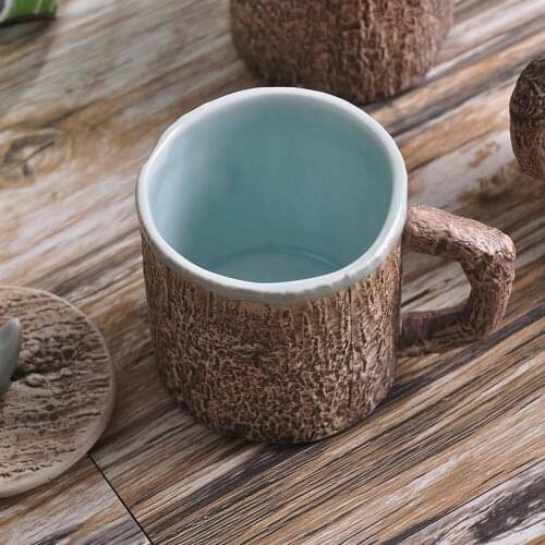 Creative Imitation Bark Porcelain Mug With Cover Ceramic Coffee Tea Milk Water Cup Travel Vintage Home Office Kitchen Decor Gift