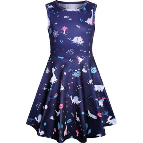 Baby Girls Summer Dress Sleeveless Navy Dresses Dino Character Printer 2020 New Children Princess Cartoon Dress Age For 3-7Y