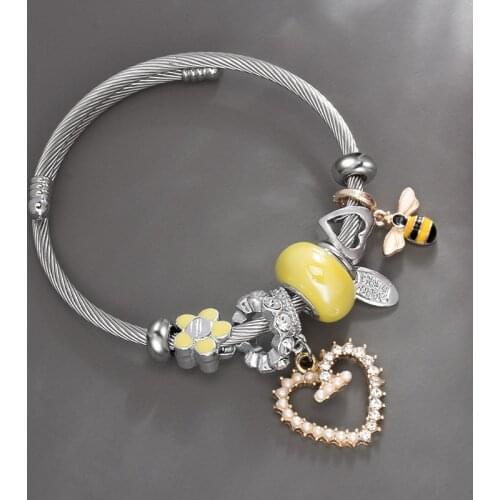 Cute Animal Bee Flower Simulation Pearl Heart Cuff Bracelets For Women Fashion Crystal Bead Charms Bangles Jewelry Accessories