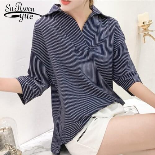 Fashion striped simple commuter V-neck womens shirt shirt three-quarter sleeves plus size OL all-match shirt shirt 042840