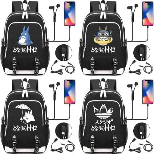 New Cartoon Cute Totoro Printed USB Headphone Jack Boy Girl Kids School Bag Women Bagpack Canvas Men Backpack Packsack Bookbag