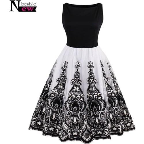 New Women Vintage 1950s Style Dresses Lace Floral Print Party Dress Black Elegant Female Retro Flocking Tank Sleeveless Dresses