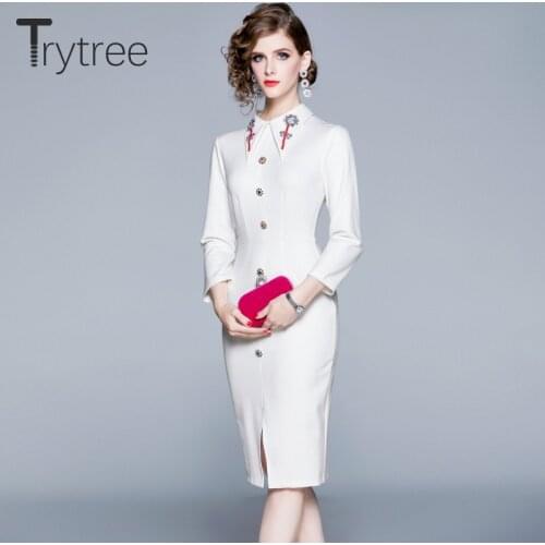 Trytree Autumn Women Casual Dress Turn-down Collar Zipper Elegant 2 Colour A-line Sheath Fashion Office Lady Knee-Length Dress