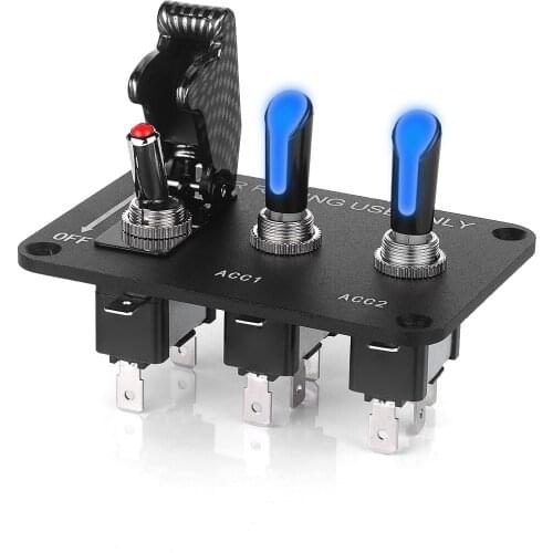 Car switch panel, 3-gear rocker switch, Blue LED, black panel with wire, Yacht racing refitted 12v20a