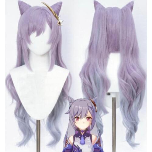 Game Genshin Impact Keqing Ke Qing Cosplay Wigs Ponytails Mixed Purple Blue Cosplay Wig with Ears Heat Resistant Synthetic Hair
