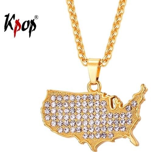 Kpop Stainless Steel Pendant Necklace America Map Jewelry with Austrian Rhinestones Adjustable Chain Necklace for Men GP475