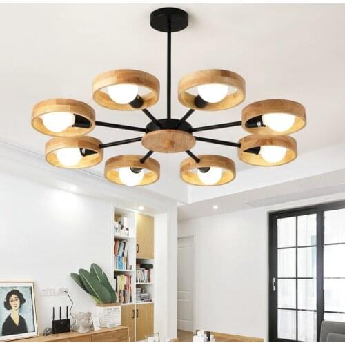 Scandinavian wooden chandelier 360 degree rotation E27 round chandelier creative home black white flush mount light