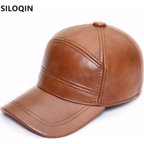 SILOQIN Snapback Cap Winter Mens Natural Genuine Leather Cap Cowhide Leather Baseball Caps Adjustable Size Men Warm Winter Hat