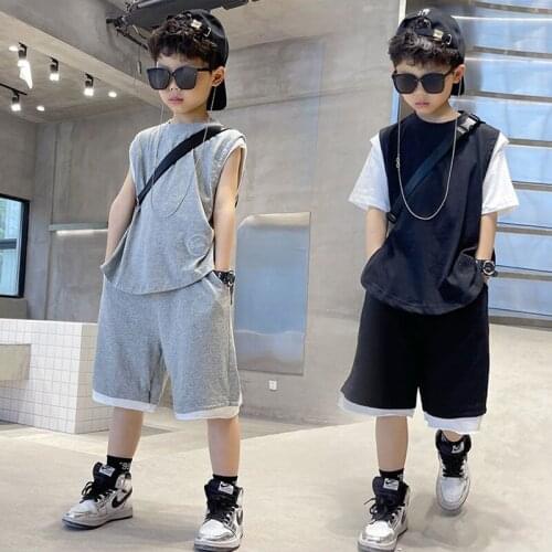 Boys Sports Basketball Clothes Suit Summer New Childrens Fashion Leisure Letters Sleeveless Baby Vest + T-shirt 2pcs Sets Kids