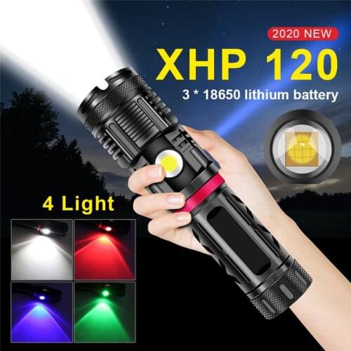 Super Bright Led XHP120 Flashlight Waterproof 4 Colors LED Hunting Lantern COB Torch 26650 Battery USB Rechargeable Flash Light