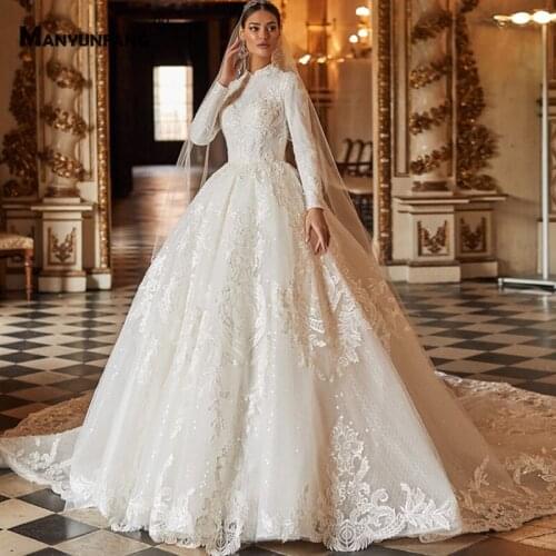 Custom Made Long Sleeve Embroidery Appliques Tulle High Neck Bridal Ball Gown Luxury Zipper Cathedral Train Muslim Wedding Dress