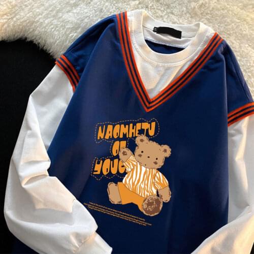 Super Cute Retro Baseball Patch V-neck Cartoon Bear Print Sweatshirt Women Kawaii Clothes for Teens Harajuku Fashion Sweet Girl