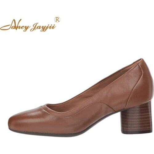 Maroon Block Heels Chestnut Leather Round Toe Simple Retro Pumps Mid High Wood Print Heels Office Spring Casual Women Shoes 2019