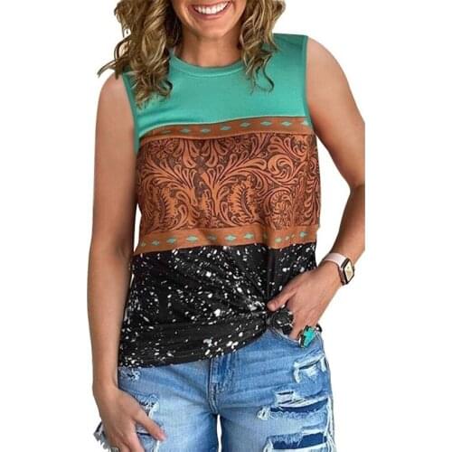 O Neck Women Sleeveless T-Shirt Printed Ladies Vest Summer Retro Ethnic Tank Top Lady Casual T-Shirt
