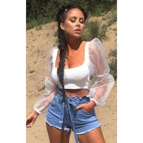 Women Summer Puff long sleeve Blouse tops arrival Sexy Strappy Slim crop top Clubwear Solid Sheer Organza Blusas Clothes Girls