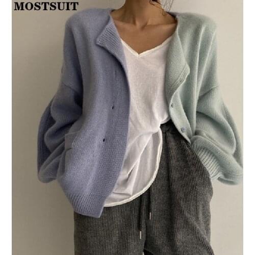 Casual Patchwork Women Sweater Cardigans Lantern Sleeve Single-breasted Female Knitted Open Stitch 2021 Autumn Knitwear Jumpers