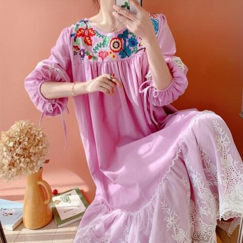 Spring Summer Women Mori Girl Elegant Casual Loose Embroidery Cotton Linen Midi Korean Sweet Lace Long Dress 2020